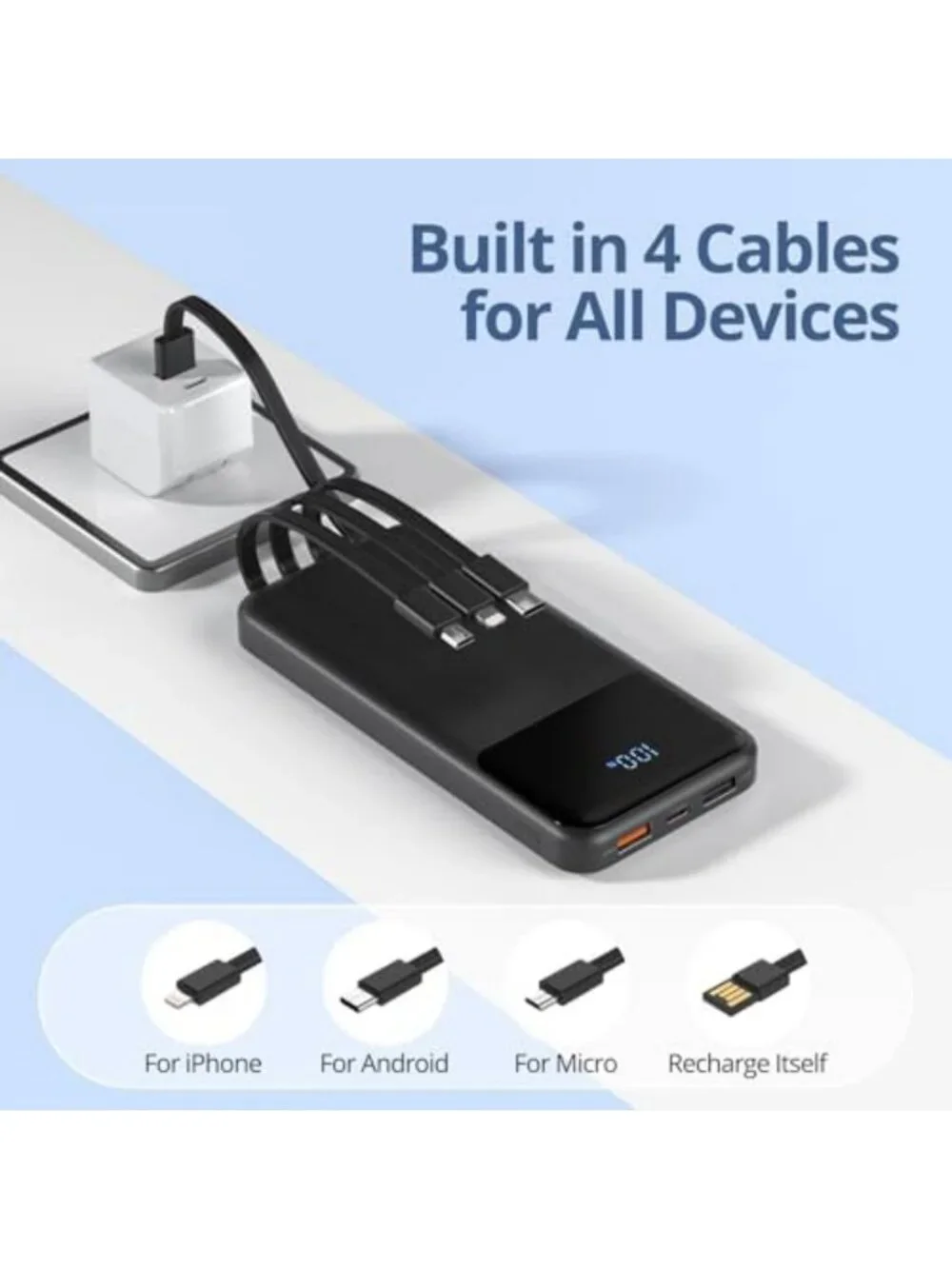 Slim 10000mAh Portable Charger with Built-in Cables, Fast Charging Power Bank, 6